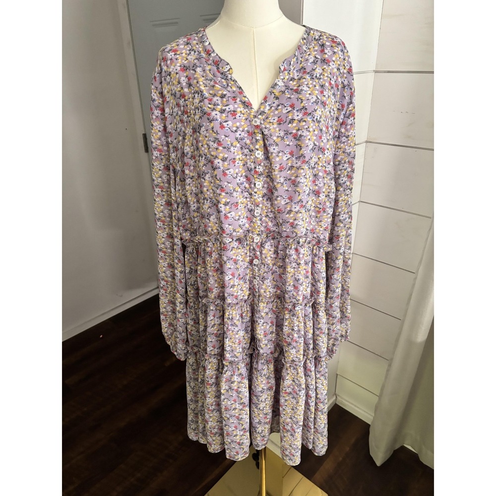 Ivy City Dress Womens 3X Purple‎ Floral Button Front Tiered Ruffle Midi Boho
